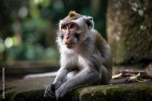 In the Ubud Monkey Forest, a long tailed macaque is lounging on a sidewalk. The Balinese long tailed monkey's sanctuary and natural home is the Ubud Monkey Forest. Bali, Indonesia's Ubud. Generative © AkuAku