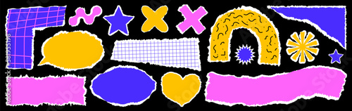 Modern torn paper set. Trendy paper collage in vibrant color. Sticky notes, shreds of notebook pages.  Vector illustration.