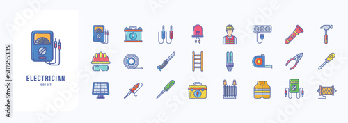 Electrician and electrical work icon set including icons like Ammeter, Battery, Cable, Diode and more 