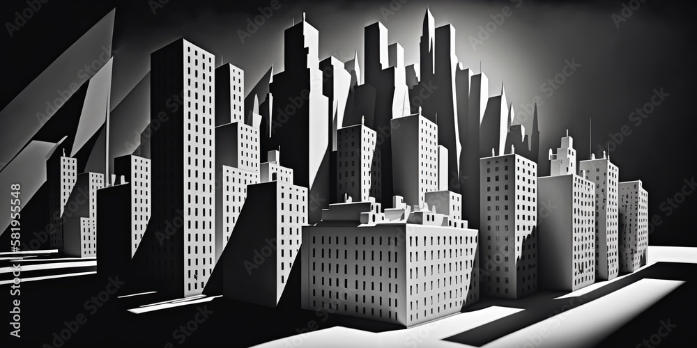 black and white cityscape with contrasting shadows creating sense of ...