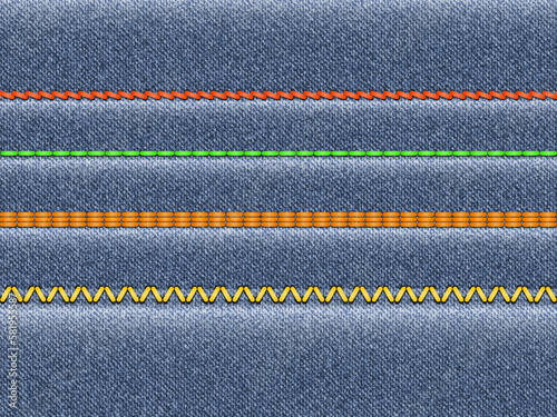 Jeans background with stitches. Denim background with sewing machine stitching, samples types of embroidery. Realistic style.