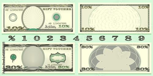 Gift card or voucher design template set. Banknote Bill with discount sale percent. Suitable for discount cards, leaflet, coupon, flyer, banners. Isolated on green background.