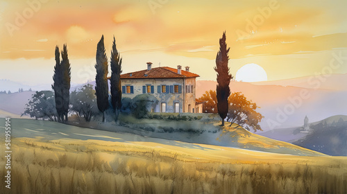Serene Tuscan Countryside: Watercolor Painting of Cypress Trees and a Rustic House | Generative AI