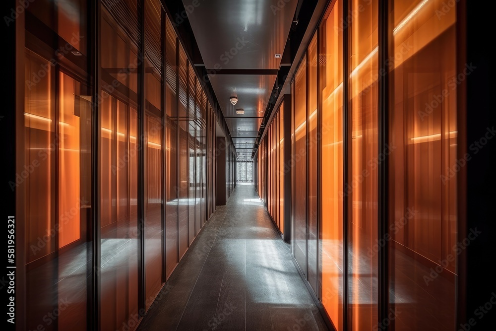 In a hip business hub, there is an unending vanishing hallway with a translucent wall. Generative AI