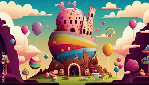 a castle in the middle of a landscape with balloons  candys and other objects surrounding it is surrounded by clouds