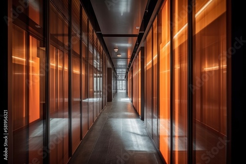 In a hip business hub, there is an unending vanishing hallway with a translucent wall. Generative AI