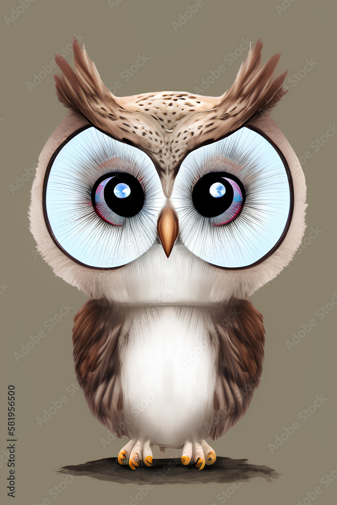 Fototapeta premium Wildlife drawing of a brown wood owl. Postcard. generative AI