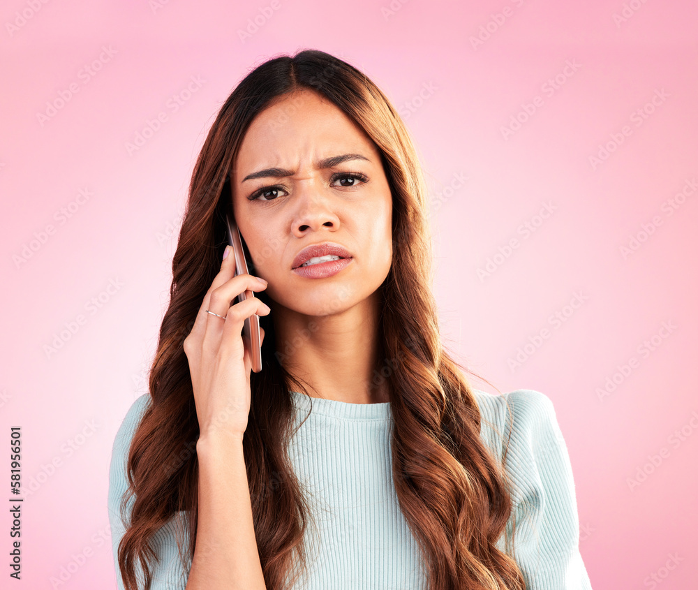 Annoyed, phone call and portrait of woman in studio for confused, communication and bad news. Problem, conflict and frustrated with female isolated on pink background for negative, upset and contact Annoyed, phone call and portrait of woman in studio for confused, communication and bad news. Problem, conflict and frustrated with female isolated on pink background for negative, upset and contact