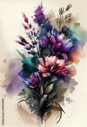 Watercolor floral. Bouquet of flowers watercolors. bouquet of flowers painted with acrylic paint. Poster with flowers. Postcard and cover card made of multicolored watercolor paints. ai generative