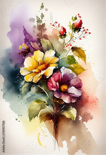 Watercolor floral. Bouquet of flowers watercolors. bouquet of flowers painted with acrylic paint. Poster with flowers. Postcard and cover card made of multicolored watercolor paints. ai generative