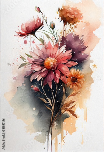 Watercolor floral. Bouquet of flowers watercolors. bouquet of flowers painted with acrylic paint. Poster with flowers. Postcard and cover card made of multicolored watercolor paints. ai generative