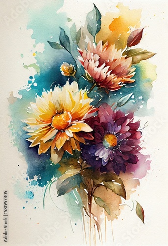 Watercolor floral. Bouquet of flowers watercolors. bouquet of flowers painted with acrylic paint. Poster with flowers. Postcard and cover card made of multicolored watercolor paints. ai generative