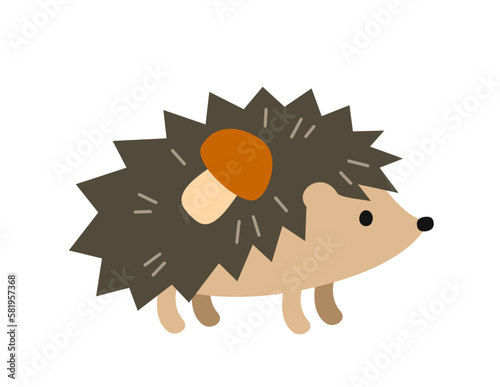 Wild forest animal. Colorful sticker with cute prickly hedgehog with mushroom on needles. Wild woodland mammal. Cartoon flat vector illustration isolated on white background