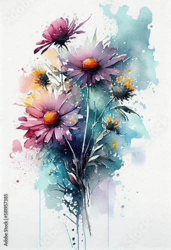 Watercolor floral. Bouquet of flowers watercolors. bouquet of flowers painted with acrylic paint. Poster with flowers. Postcard and cover card made of multicolored watercolor paints. ai generative