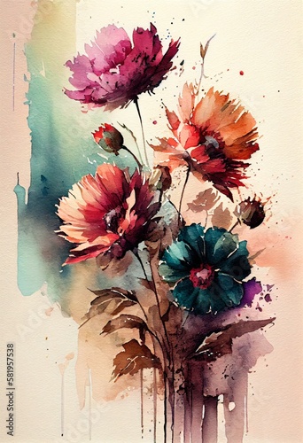 Watercolor floral. Bouquet of flowers watercolors. bouquet of flowers painted with acrylic paint. Poster with flowers. Postcard and cover card made of multicolored watercolor paints. ai generative