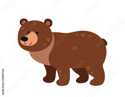 Wild forest animal. Colorful sticker with brown grizzly bear. Woodland predator, beast and mammal. Fauna and biodiversity. Cartoon flat vector illustration isolated on white background © Rudzhan