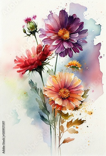 Watercolor floral. Bouquet of flowers watercolors. bouquet of flowers painted with acrylic paint. Poster with flowers. Postcard and cover card made of multicolored watercolor paints. ai generative