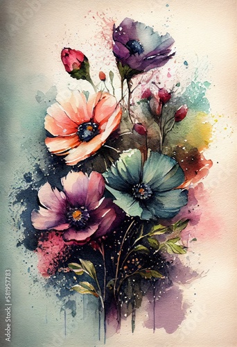 Watercolor floral. Bouquet of flowers watercolors. bouquet of flowers painted with acrylic paint. Poster with flowers. Postcard and cover card made of multicolored watercolor paints. ai generative