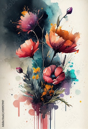 Watercolor floral. Bouquet of flowers watercolors. bouquet of flowers painted with acrylic paint. Poster with flowers. Postcard and cover card made of multicolored watercolor paints. ai generative