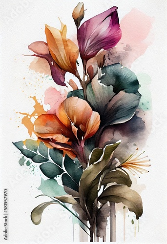Watercolor floral. Bouquet of flowers watercolors. bouquet of flowers painted with acrylic paint. Poster with flowers. Postcard and cover card made of multicolored watercolor paints. ai generative