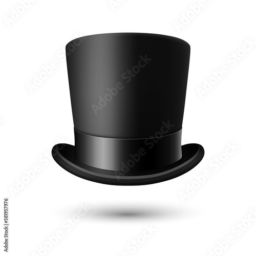 Vector 3d Realistic Black Top Hat with Black Ribbon Closeup Isolated on White Background. Classic Retro Vintage Top Hat, Vintage Gentlemans Mens Hat, Front View