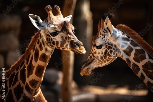 Parent and Child Giraffe Having Fun With Her Young Giraffe. Generative AI © AkuAku