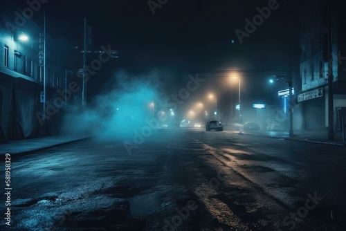 Old asphalt with a mysterious smoke background and blue neon lighting. Street with a gloomy, terrifying vibe. scene at night with no people. terrifying smoke road Smog in the background. Generative AI