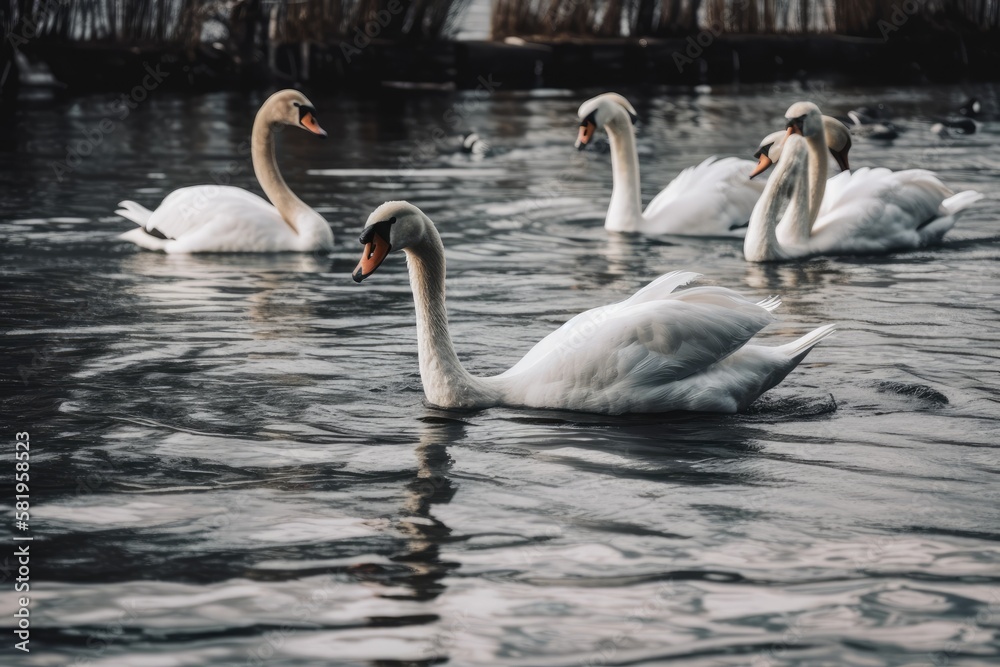 In spring water, white swans congregate. Swans in a lake. Snowy swans. White swans floating serenely on the sea. Swans looking for food. selective attention. Generative AI In spring water, white swans congregate. Swans in a lake. Snowy swans. White swans floating serenely on the sea. Swans looking for food. selective attention. Generative AI