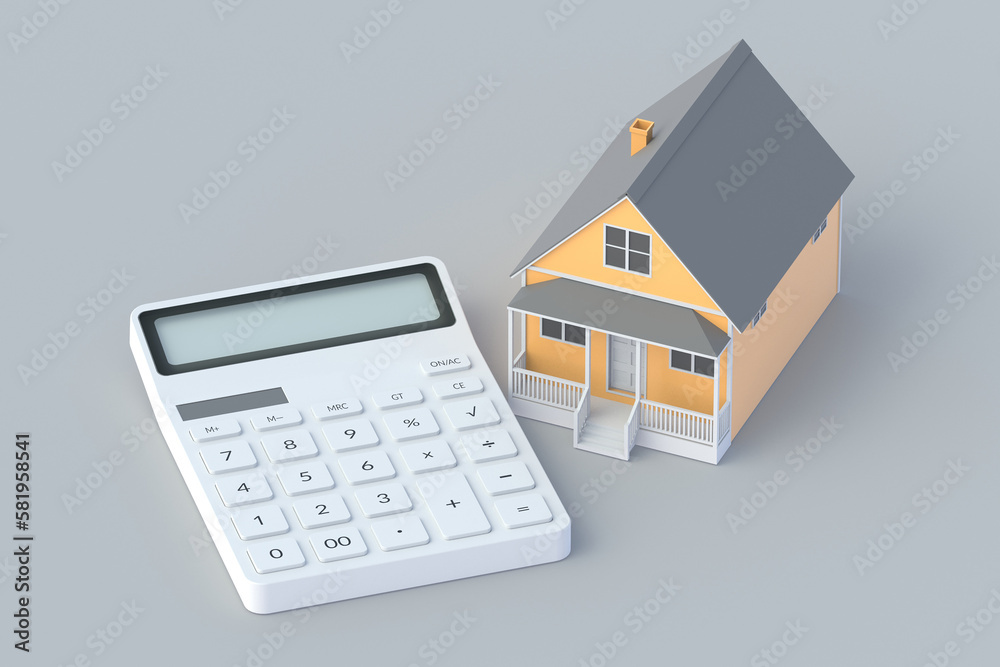Building and calculator. Residential purchase or sale. Real estate buying concept. 3d render Building and calculator. Residential purchase or sale. Real estate buying concept. 3d render