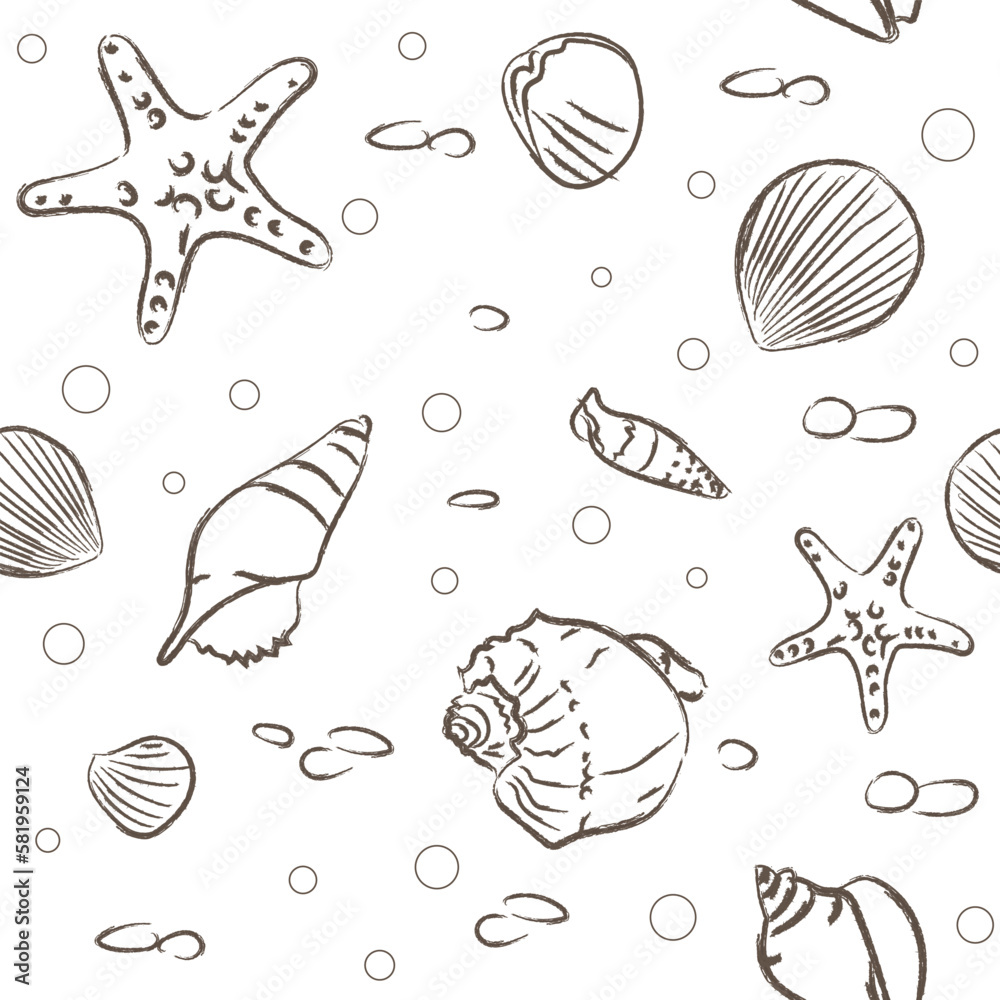 Vector seamless pattern marine theme. Line drawing. Seashells, star, pebble Vector seamless pattern marine theme. Line drawing. Seashells, star, pebble