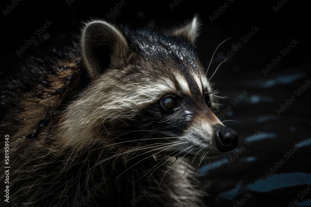 the s and head of a lovely and cuddly creature that is also a very dangerous one the raccoon. Portrait from the side of a superb wildlife representation. The expression on the animal's face is human