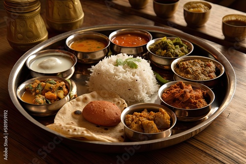 Maharashtra Cuisine Thali or Plate Made in Mumbai A Typical Maharashtrian meal would consist of roti, rice, rice, Dal, Sabji, Sweet Roti and Rice, Kadhi, Modak, Papad, Etc. Generative AI photo