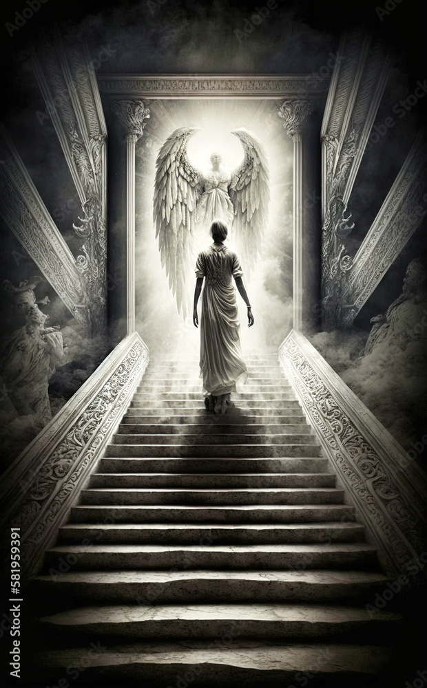 A man climbing the stairvway to heaven, facing the angel of judgment day - generative ai A man climbing the stairvway to heaven, facing the angel of judgment day - generative ai