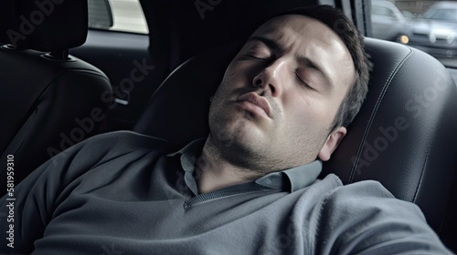 Fictional man sleeping in a car. Generative AI illustration.