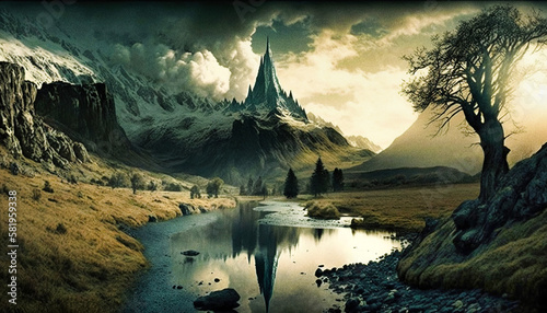 A beautiful fantasy landmark with a peak reflecting in a lake - generative ai