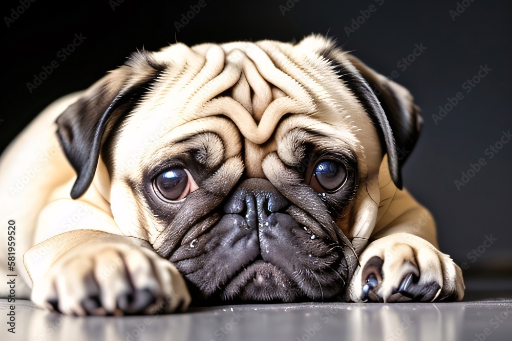 Cute Beautiful Sad Pug Dog Portrait Close Up. Ai Generative Illustration.