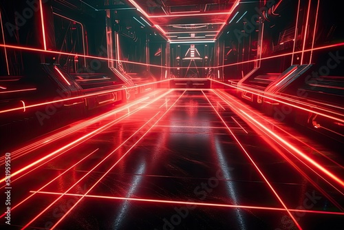 Illustration of Red Neon Laser Beam Electric Glow Technology in a Science Fiction Film. Generative AI