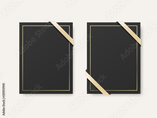 Vector Vertical A4, A5 Blank Black Card. Booklet, Postcard, Greting Card Design Template for Branding, Congratulations, Invitation with Silk Ribbon, Golden Frame and Bow