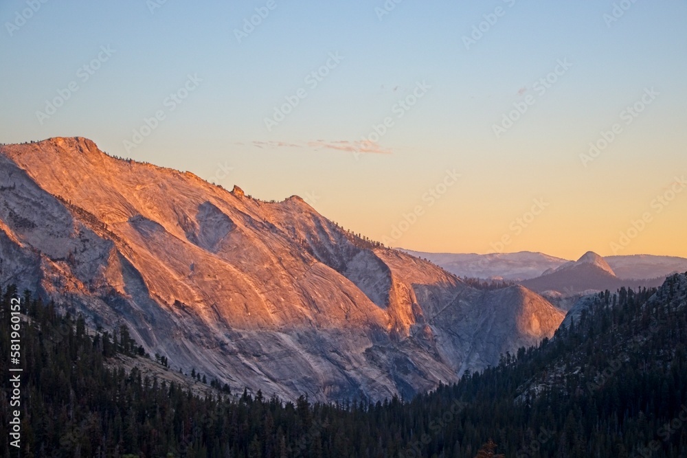 Sunset falls over the high country of Yosemite, where California Highway 120 connects the Central Valley of California on the western side with the Eastern Sierra to the east.