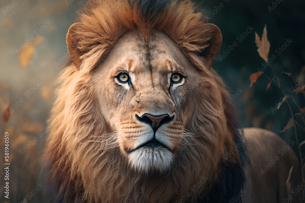 Generative AI. Portrait of a male lion with dark mane, closeup. Generative AI. Portrait of a male lion with dark mane, closeup.