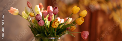 Fresh spring colorful bouquet of tulips in a vase against the backdrop of a warm, cozy room. Festive flowers as a gift. Banner for website header design with copy space. #581960534