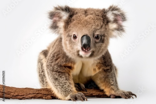 The 14 month old Phascolarctos cinereus young koala is seated in front of a white background. Generative AI
