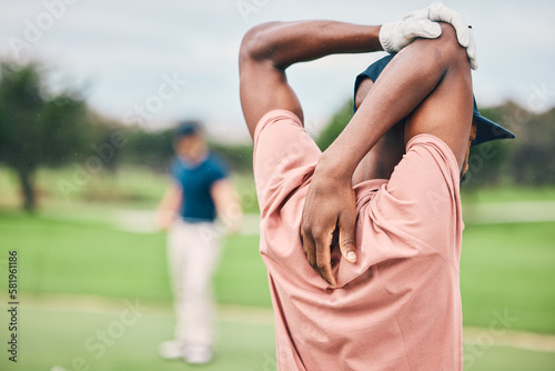 Golf, sports and black man stretching arms on course for game, practice and training for competition. Professional golfer, fitness and happy male athlete warm up for exercise, golfing and activity