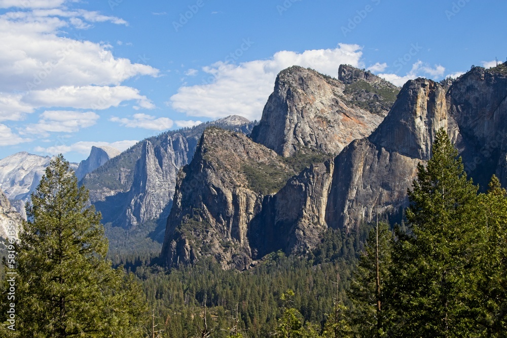 Looking over Yosemite Valley, a glacial valley in the Sierra Nevada Mountain Range of California, from the Tunnel View turnout on a beautiful fall day.