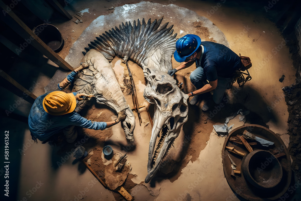 Archaeologist works on an archaeological site with dinosaur skeleton in