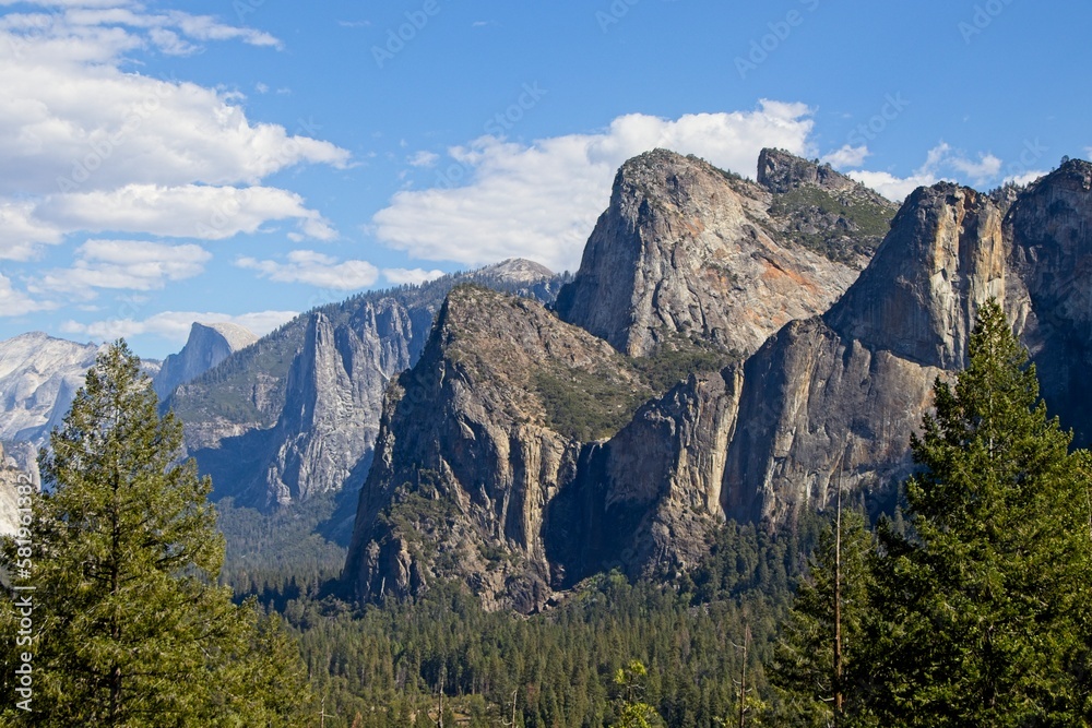 Looking over Yosemite Valley, a glacial valley in the Sierra Nevada Mountain Range of California, from the Tunnel View turnout on a beautiful fall day.