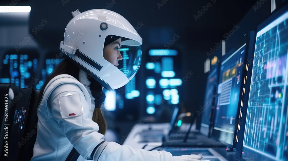 Astronaut in spaceship interior, control panel. generative AI Astronaut in spaceship interior, control panel. generative AI