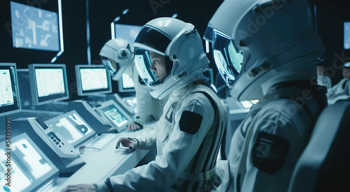 Astronauts in spaceship interior, control panel. generative AI