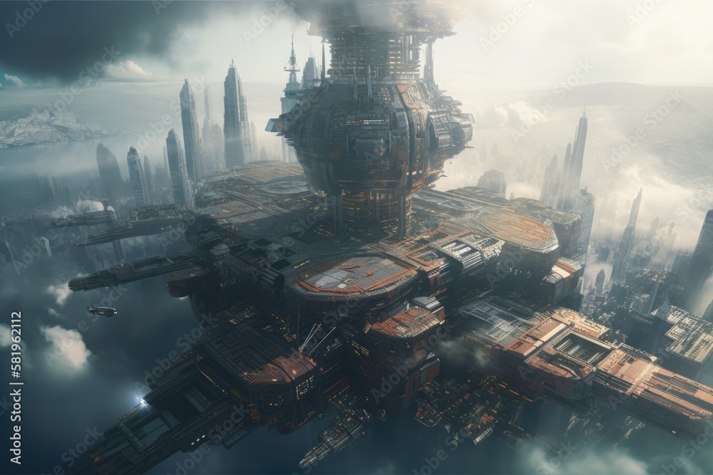futuristic fog city, sci fi ship. view from above. Idea of the future. Generative AI