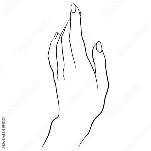 Raised up female hand in elegant gesture. Black and white linear silhouette. Cartoon style. isolated vector illustration.